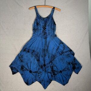 Boho Dress Women Size L Tie Dye Lace Up Fairy Blue Rayon Tiered Ruffle Ren Faire